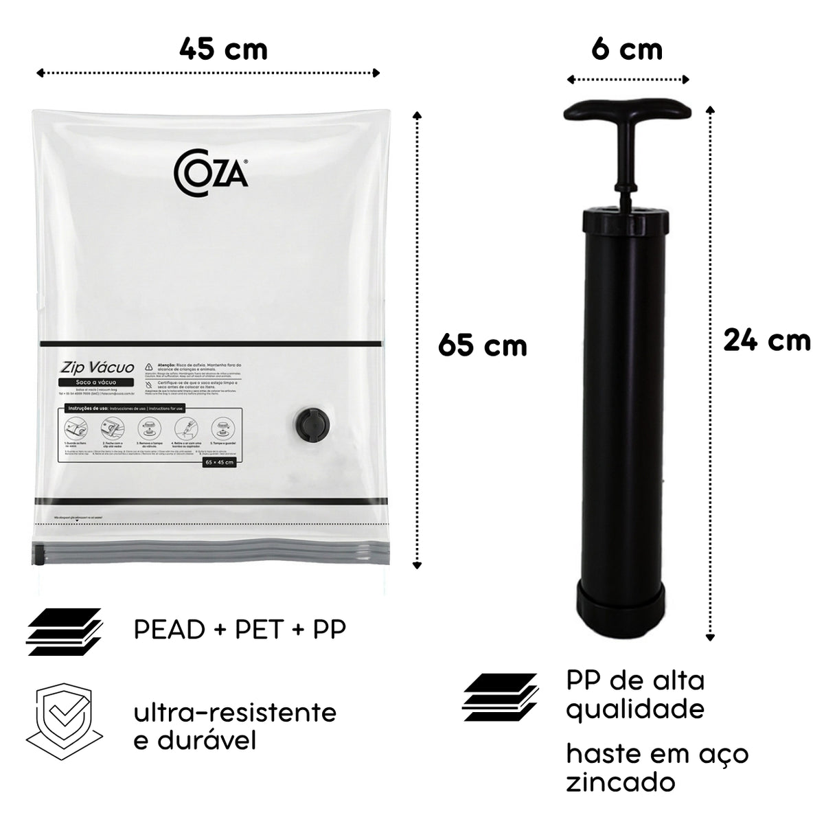 Kit Saco a Vácuo Zip M 65x45 cm com Bomba