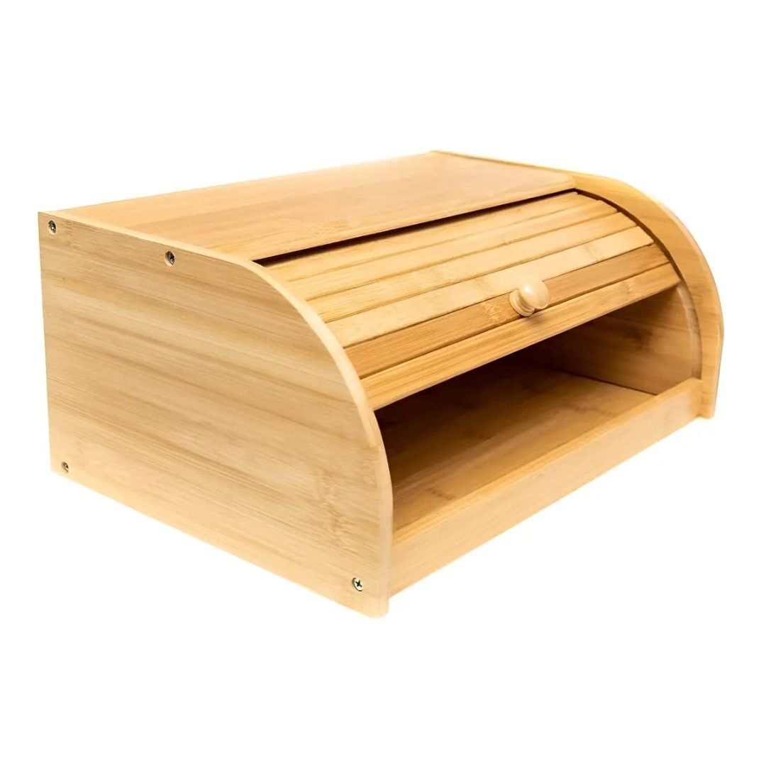 Porta Pão Bambu 40x27cm Tampa Retrátil Cozinha Decoração