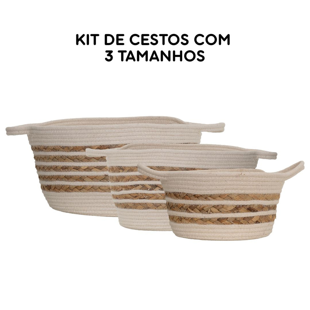 Kit 3 Cestos Redondos de Algodão e Seagrass