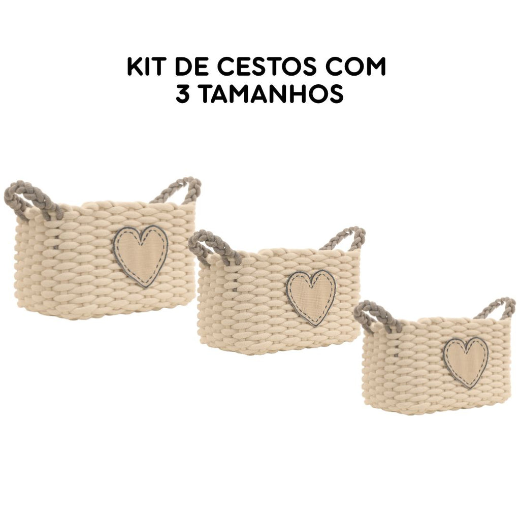 Kit 3 Cestos de Algodão com Coração