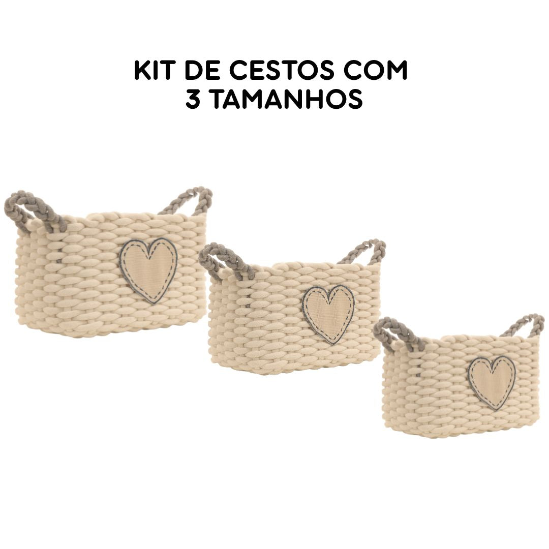 Kit 3 Cestos de Algodão com Coração