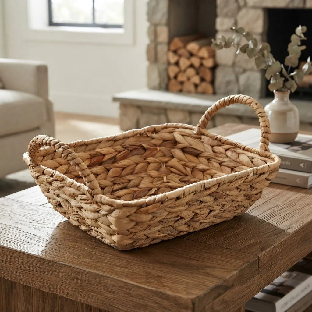 Cesto Retangular de Fibra Natural com Alça 25x20 cm