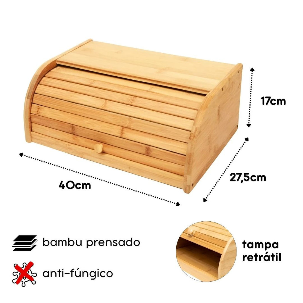 Porta Pão Bambu 40x27cm Tampa Retrátil Cozinha Decoração