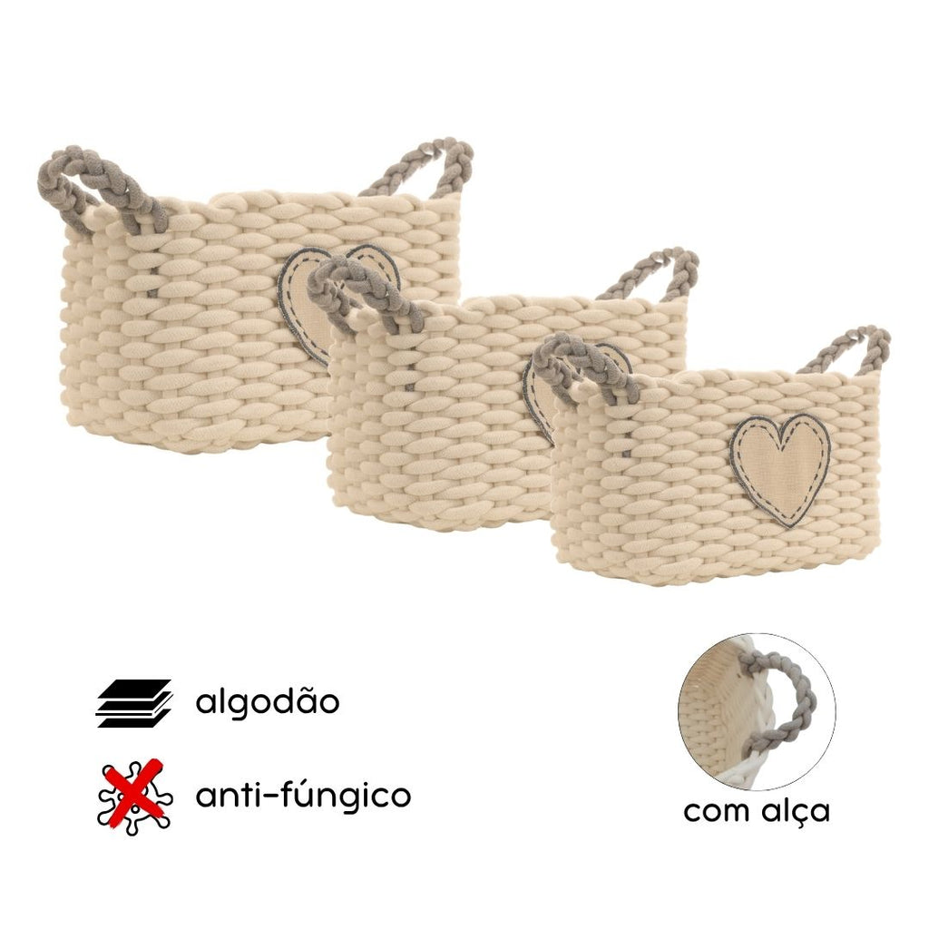Kit 3 Cestos de Algodão com Coração