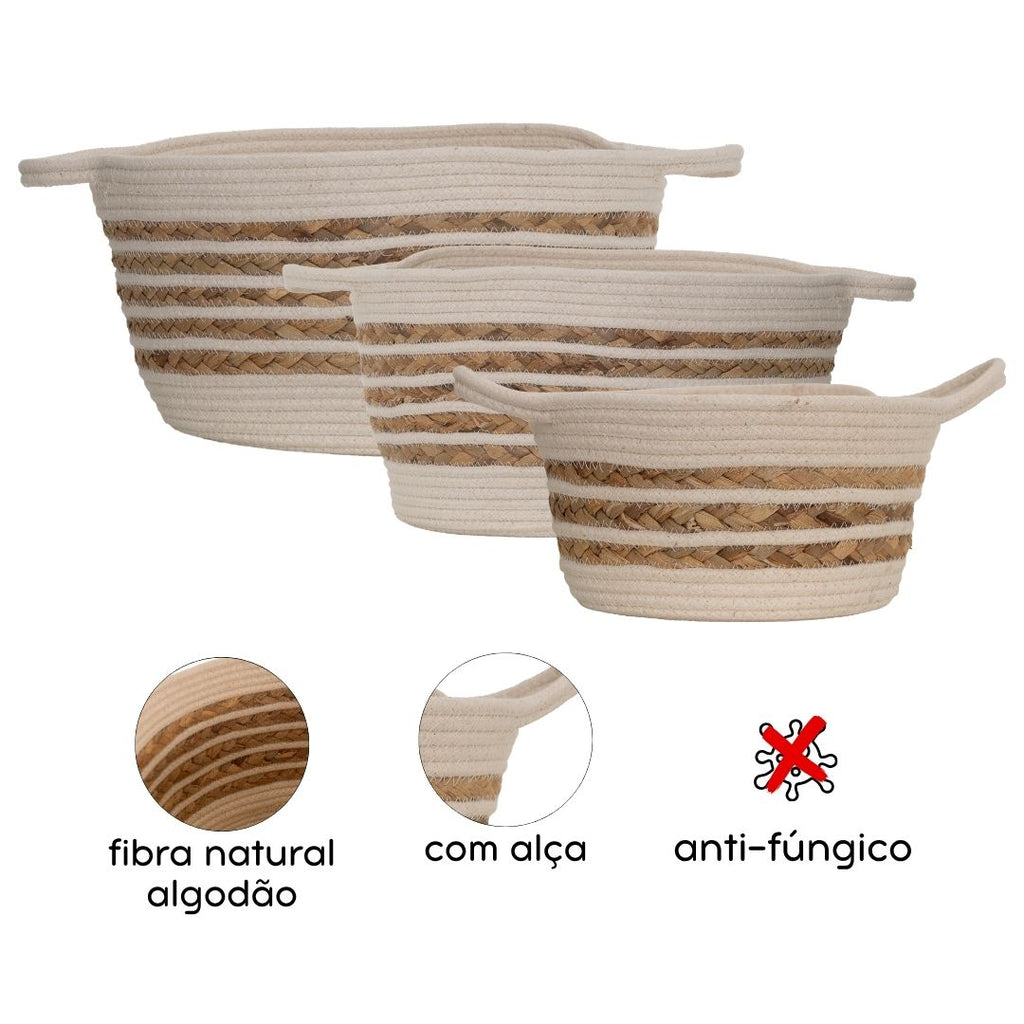 Kit 3 Cestos Redondos de Algodão e Seagrass