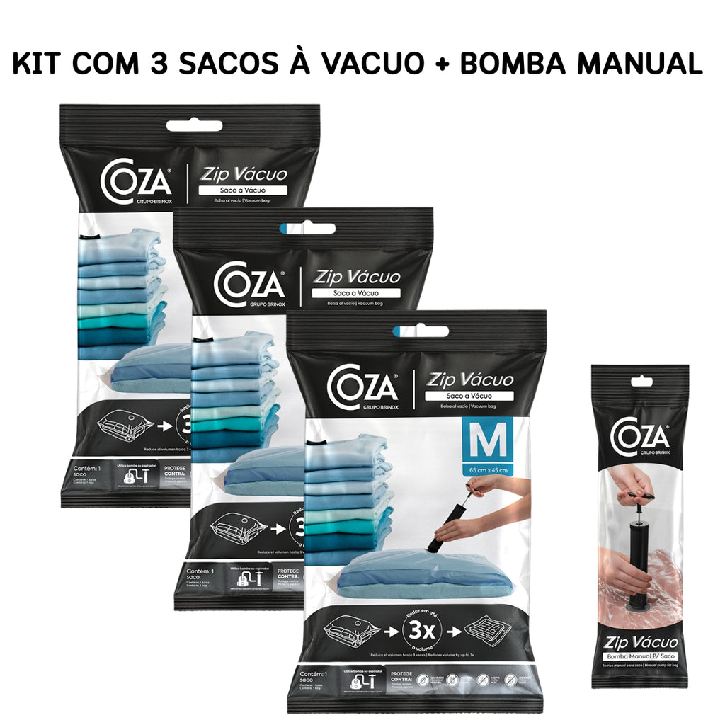 Kit 3 Sacos a Vácuo Zip M 65x45 cm com Bomba