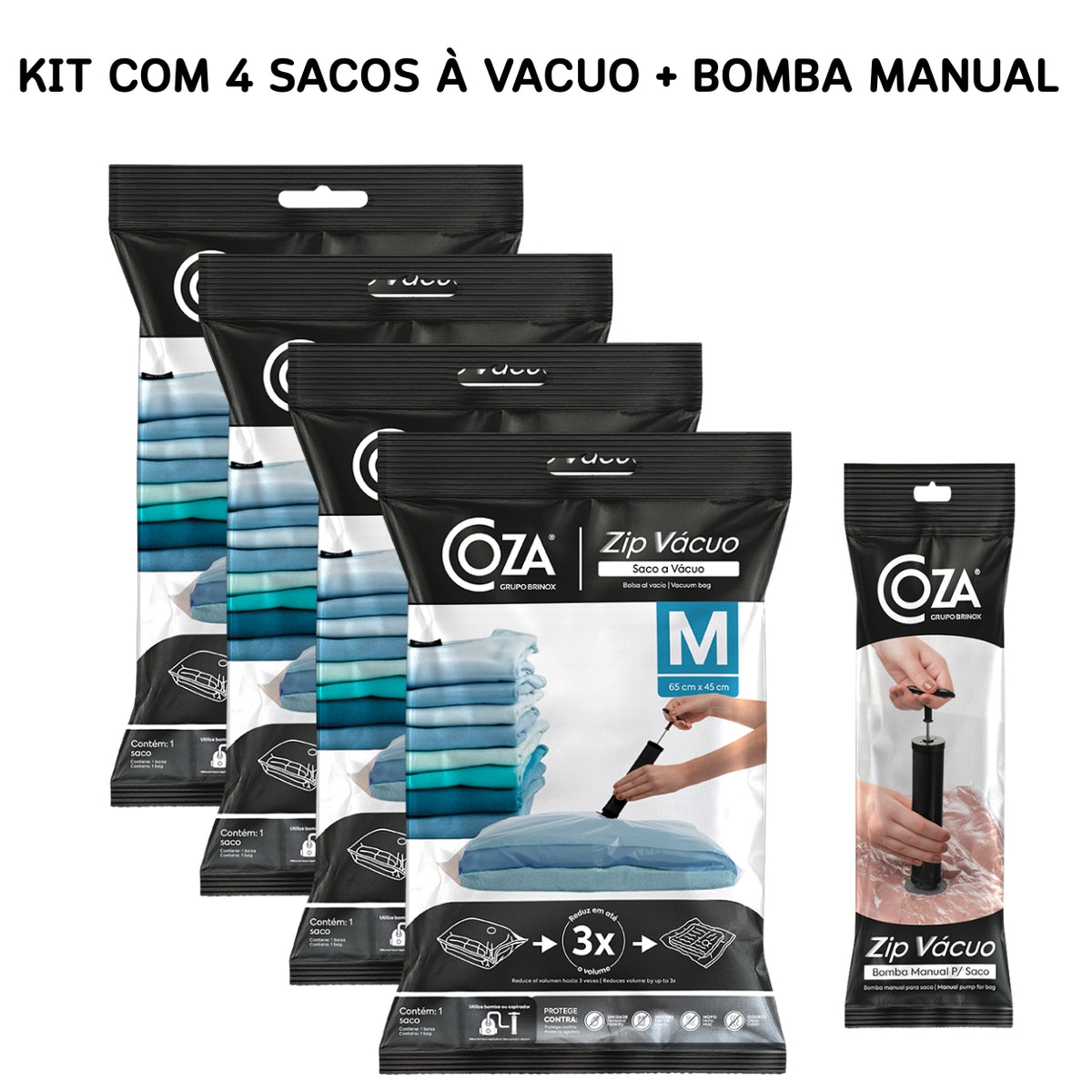 Kit 4 Sacos a Vácuo Zip M 65x45 cm com Bomba