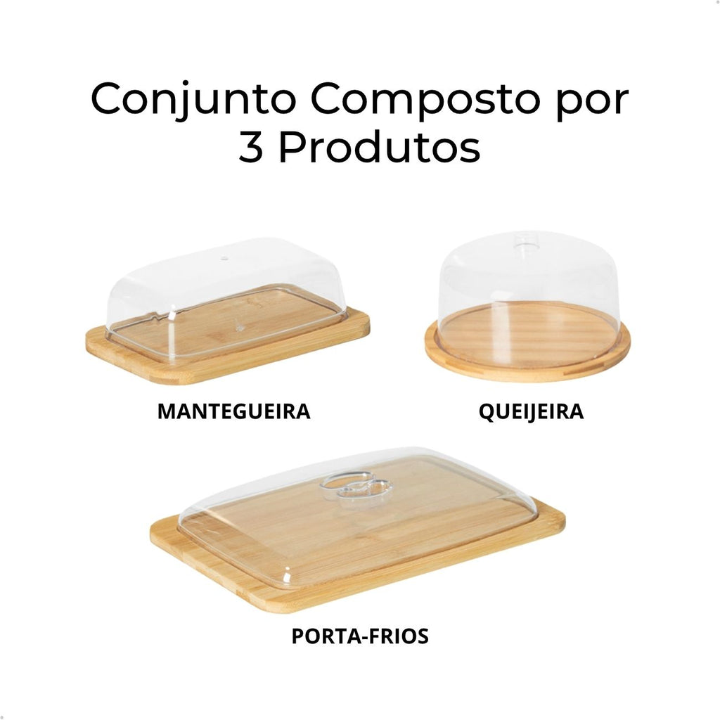 Conjunto 3 Itens Mesa Posta Bambu com Tampa de Acrílico