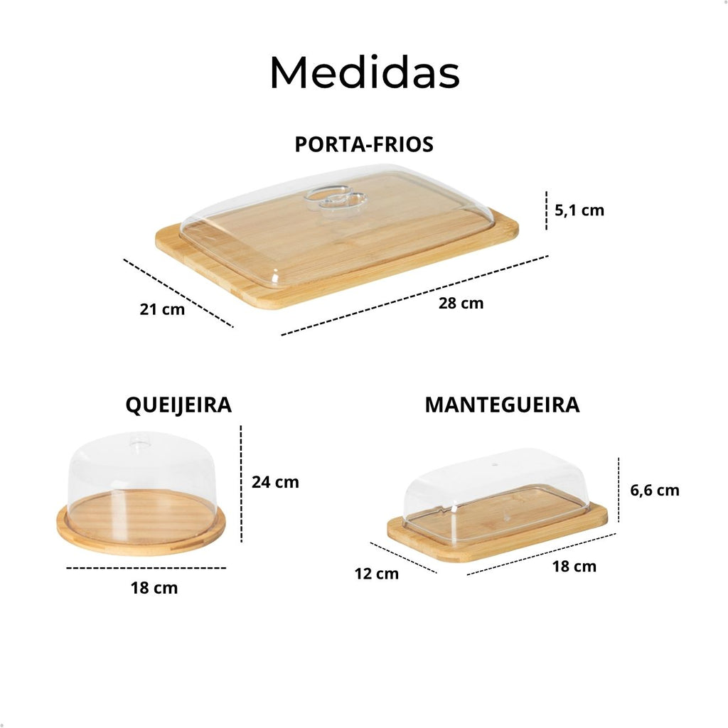Conjunto 3 Itens Mesa Posta Bambu com Tampa de Acrílico