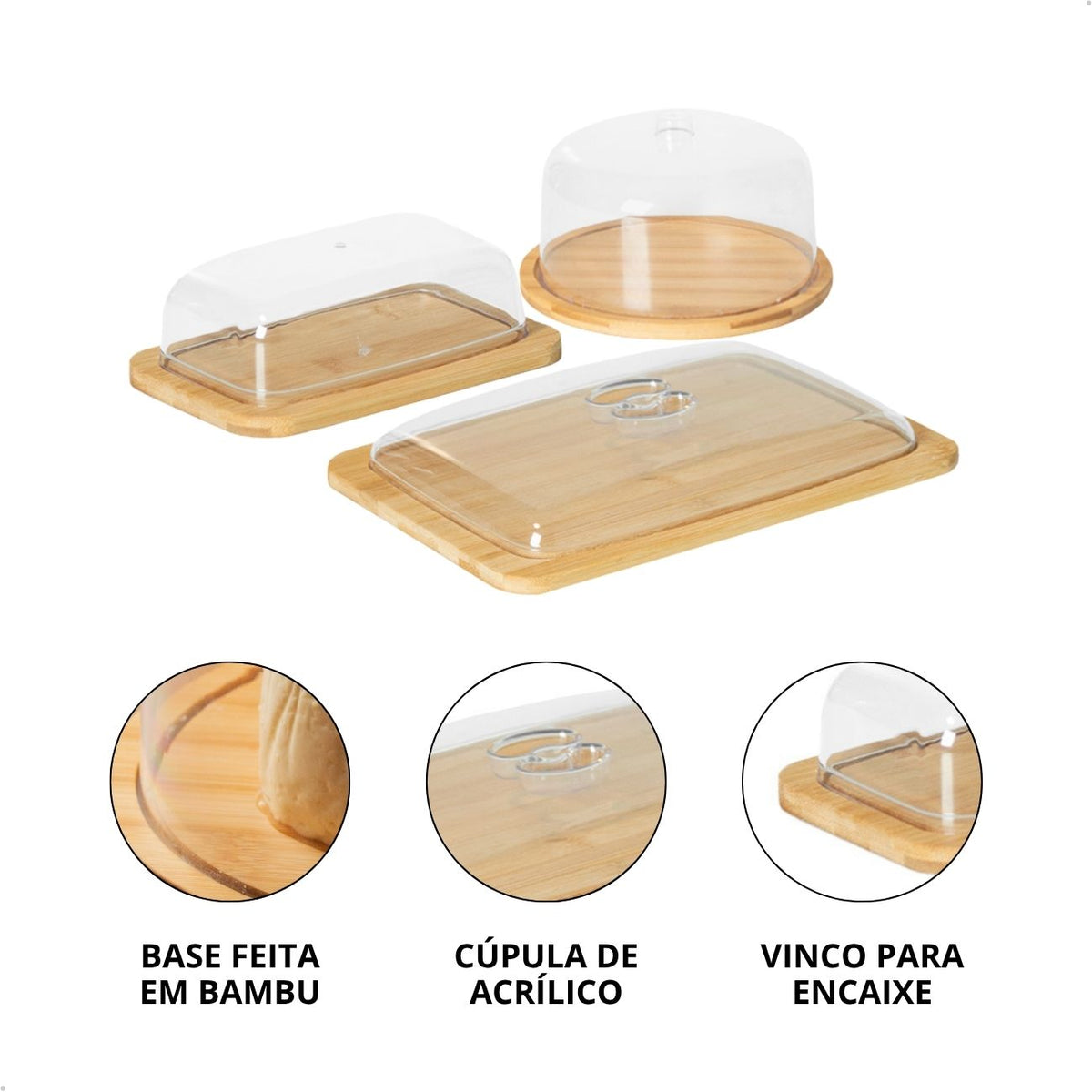 Conjunto 3 Itens Mesa Posta Bambu com Tampa de Acrílico