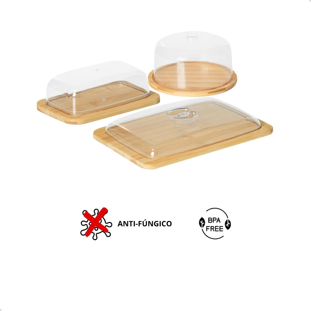 Conjunto 3 Itens Mesa Posta Bambu com Tampa de Acrílico