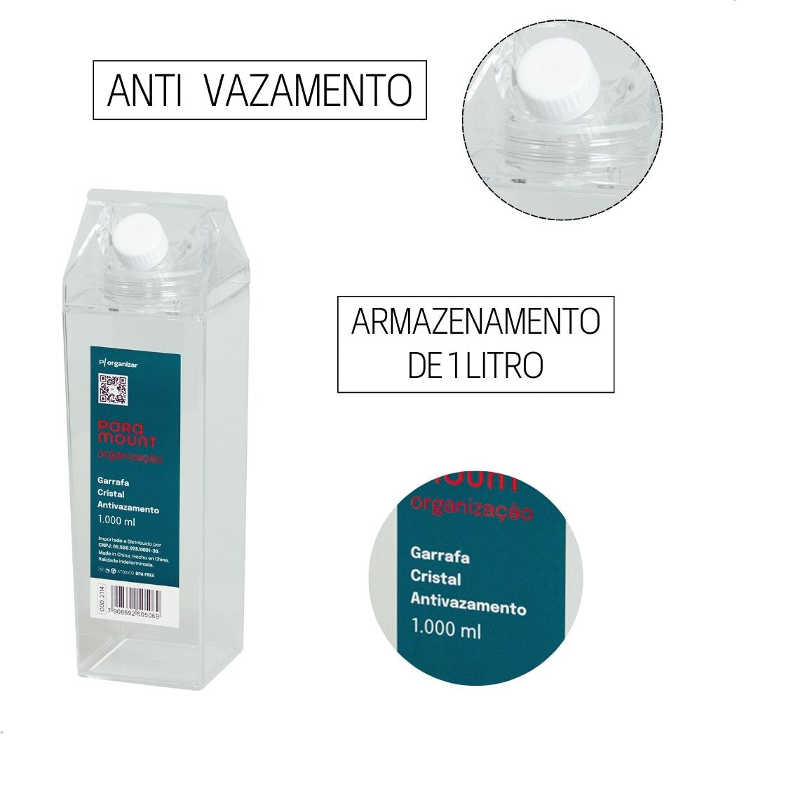 Kit 3 Garrafas de Acrílico 1 Litro Caixa de Leite