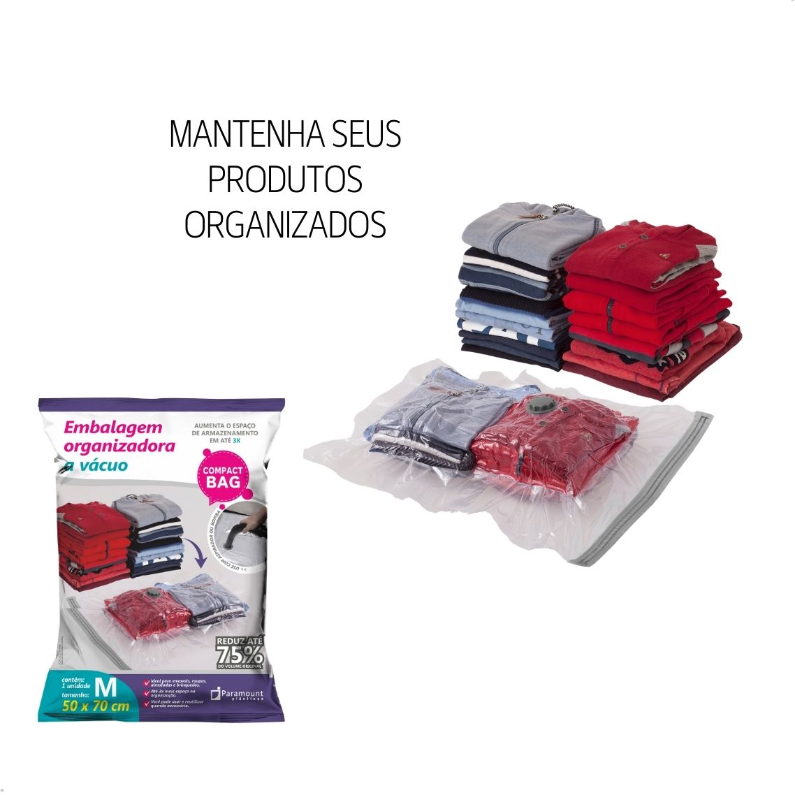Kit 3 Sacos a Vácuo 50x70cm Organizador de Roupas