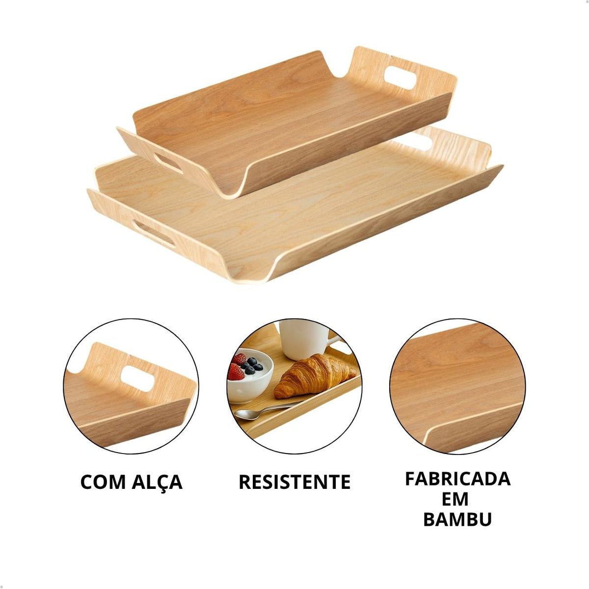 Bandeja Bambu Retangular Kit 2 Tamanhos com Alça