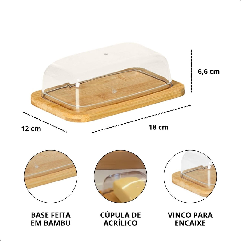 Manteigueira Bambu com Tampa Acrílico 18cm